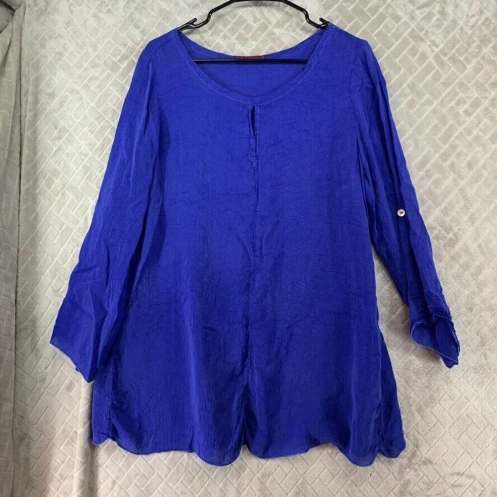 Barbara Lesser Womans XL Tunic Blouse Royal Blue 3/4 Sleeve Crinkle Textured
